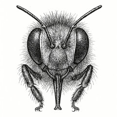 black and white drawing of a bee's head: compound eyes, antennae, proboscis