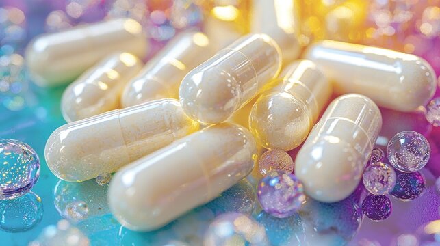 Close-up of translucent, off-white capsules on a colorful, iridescent surface