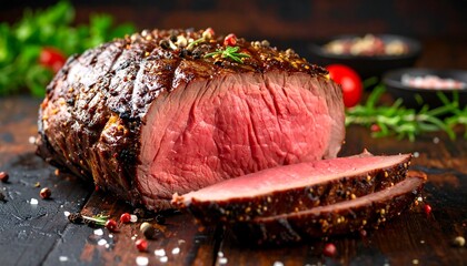 Juicy roast beef close-up on a wooden board, perfect for festive occasion