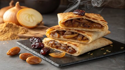 Exquisite brik filled with caramelized onions and dates served with garnishes