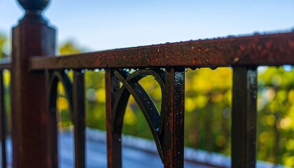 Close-up of an ornate metal fence with water droplets