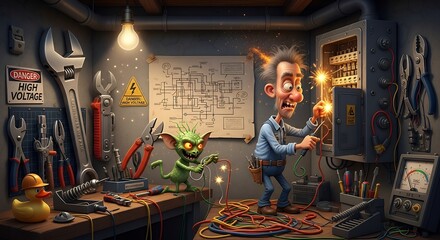 Frustrated Electrician Repairing Faulty Circuit Board in Workshop with Sparks and Tools