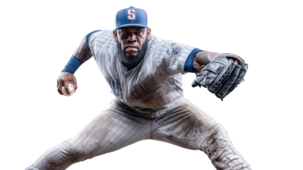 Baseball pitcher in action, wearing a vintage uniform and cap, isolated on transparent background