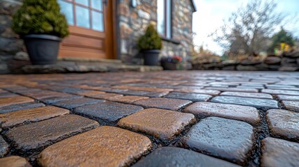 Close-up view of a patterned stone walkway leading to a rustic home