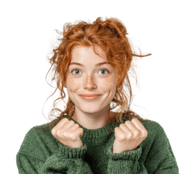 Excited young woman smiling portrait joyful mood isolated on transparent background
