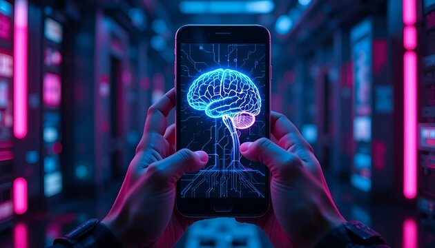 Cyberpunk Hands Holding Smartphone with Glowing Brain Hologram, Digital Intelligence and Neural Network on Mobile Screen in Neon-Lit Tunnel, for AI, Technology, and Future Business Concepts