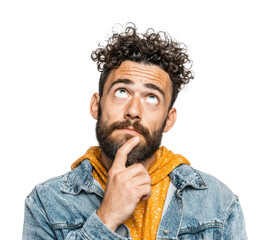 Pensive man considering choices portrait thoughtful isolated on transparent background