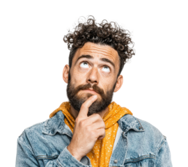 Pensive man considering choices portrait thoughtful isolated on transparent background