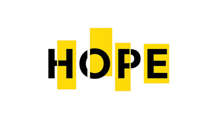 The word hope in black letters with yellow rectangles on a white background in a graphic design