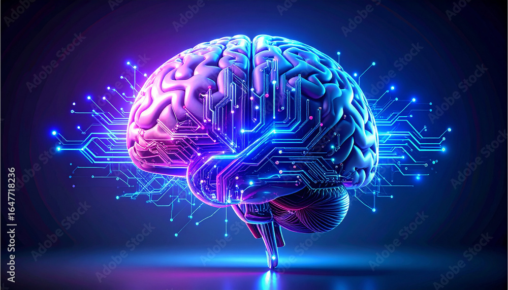 Poster a vibrant representation of artificial intelligence, showcasing a neural network within a brain, sym