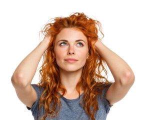 Woman with curly hair thinking portrait bright isolated on transparent background
