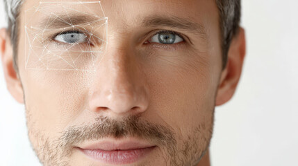 Fototapeta premium A close-up portrait of a middle-aged Caucasian man with blue eyes and a beard, featuring a digital overlay that represents facial recognition technology