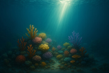 Obraz premium Vibrant coral reef with colorful corals and sunlight