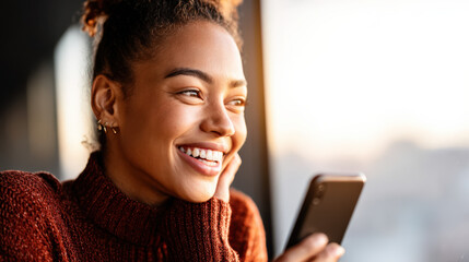A young african american woman smiles joyfully while looking at her smartphone, bathed in warm sunlight, showcasing a moment of happiness and connection