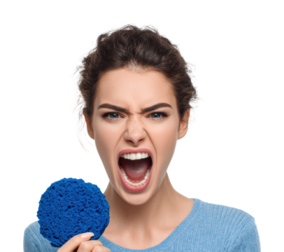 Woman yelling with blue sponge portrait emotion isolated on transparent background