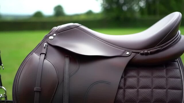 Close up view of a brown leather horse saddle with a grassy background on a sunny day outdoors