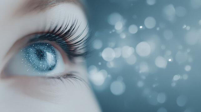 A close-up of a female eye with long eyelashes and a sparkling blue iris, conveying a sense of wonder and curiosity in a dreamy, blurred background