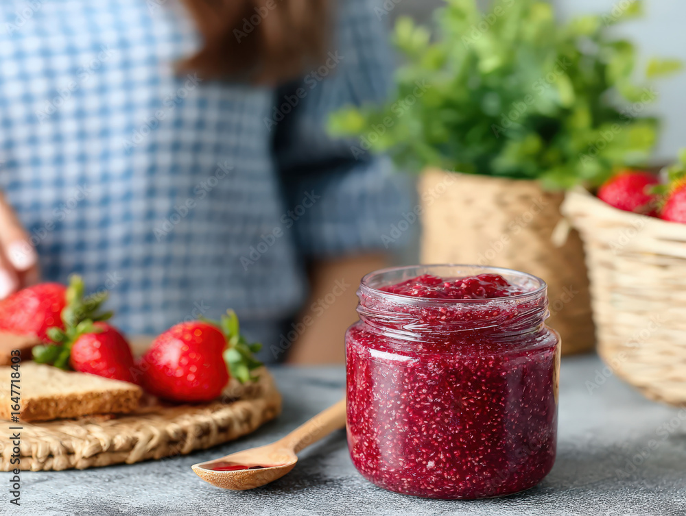 Poster a jar of raspberry jam sits on a table with fresh strawberries and a spoon nearby, while a blurred f