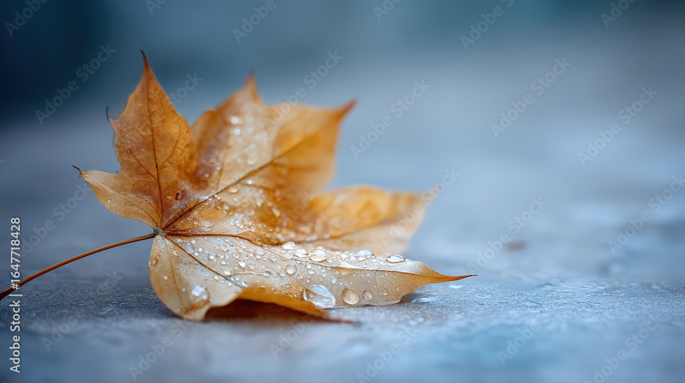Poster a close-up view of a single maple leaf with water droplets resting on its surface, showcasing the in