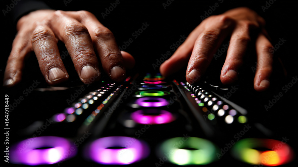 Aufkleber fingers of a person with dark skin tapping on a colorful keyboard in a dimly lit environment, creati