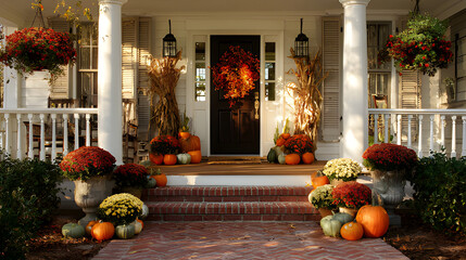 White house halloween pumpkin on a porch. House on the front porch with pumpkins decoration designs. Front door with fall decorations, thanksgiving porch house celebration Autumn scene exterior design