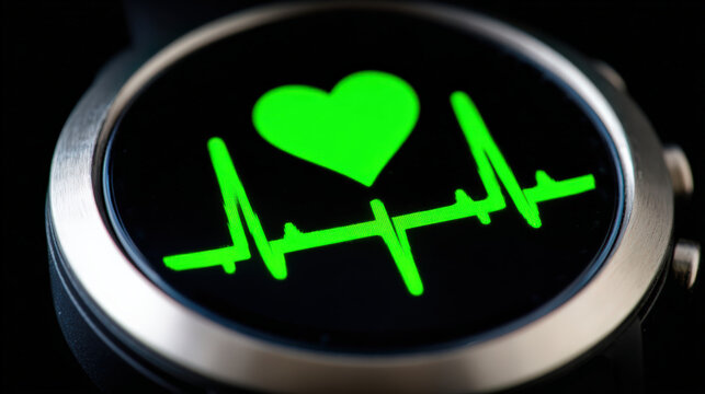 a close-up of a smartwatch screen displaying a green heart icon and heartbeat pattern, symbolizing health and fitness