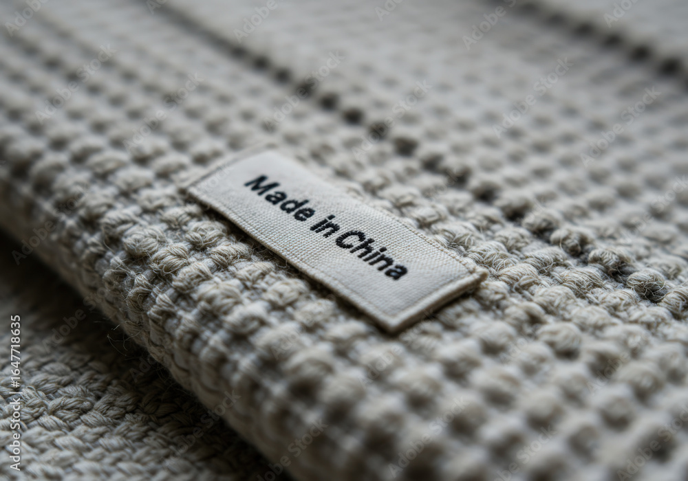 Poster a close-up view of a textured fabric with a label that reads made in china, showcasing the woven pat