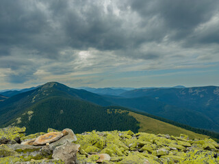 Sunny Carpathian peaks: green valleys and crystal clear skies.