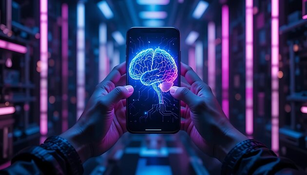 Futuristic AI Brain Hologram on Smartphone in Cyber Neon Tunnel, Glowing Digital Human Mind Interface for Technology and Data Concepts, Generative AI for Business, Science, and Web3. - Powered by Adobe