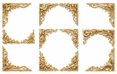 Close up golden corner ornaments isolated on transparent or white background