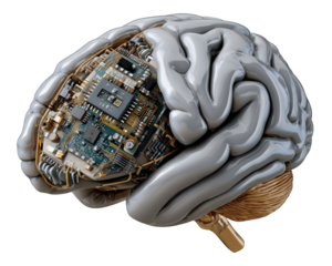 Artificial brain circuit technology neural network electronic chip futuristic innovation intelligence science silver gold isolated