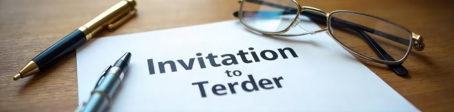 A formal invitation to tender document rests on a wooden desk, alongside a pen and spectacles, ready for review and consideration , service, RFI, application
