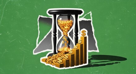 Time is money: Dollar symbols flow from hourglass to financial growth chart on green background.