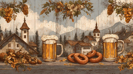 Rustic Vintage Oktoberfest Poster With Beer Mugs and Pretzels Against Scenic Village Backdrop