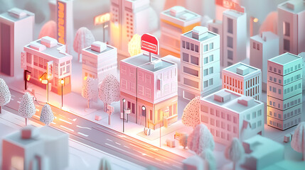 3D rendered cityscape featuring miniature buildings, streets, and a stylized representation of a restaurant, creating a charming and detailed scene
