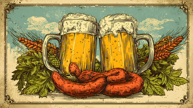 Rustic Vintage Oktoberfest Poster Featuring Frothy Beer Mugs and Sausages Surrounded by Greenery