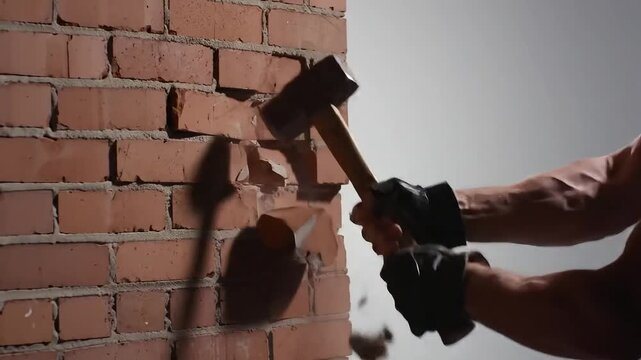 Man with gloves smashing a brick wall with a sledgehammer creating dust and debris in motion blur