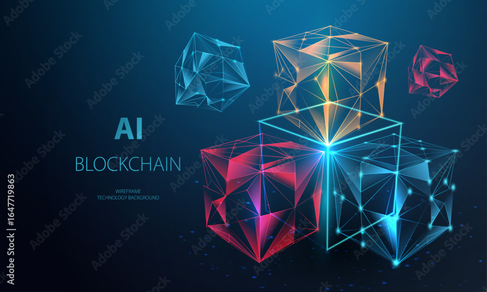 Poster blockchain ai concept. blockchain connected cubes block banner. database box chain technology backgr