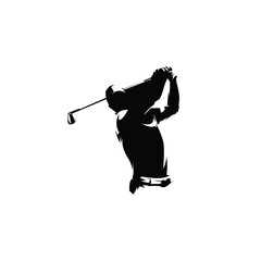 Silhouette of man playing golf vector illustration isolated on white background.