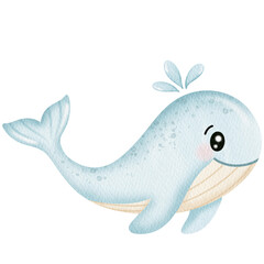 Watercolor Cute whale. Under the sea.