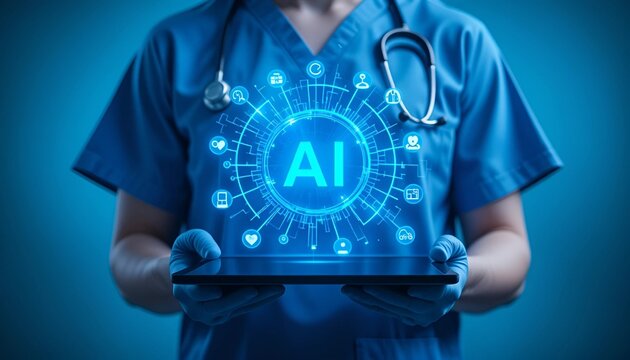 A medical professional in blue scrubs holds a tablet with a glowing digital interface showing a central "AI" icon surrounded by medical symbols, representing themes of artificial intelligence in healt