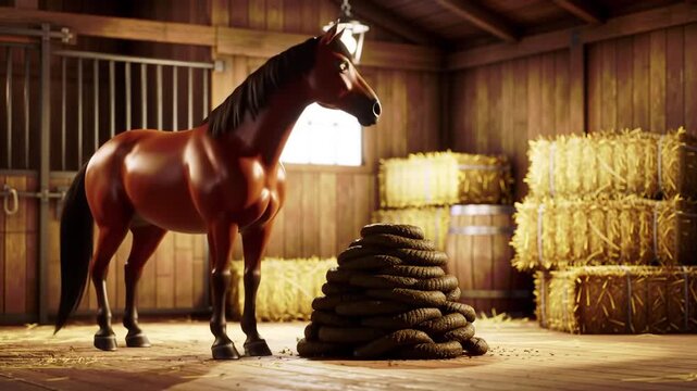 Horse In Stable With Hay And Dung Pile