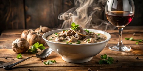 Aromatic Creamy Mushroom Soup with Herbs, Steaming in a Bowl, Served with a Glass of Red Wine on a Rustic Wooden Table