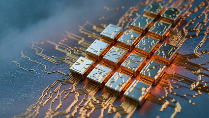 Superconducting qubits with gold wiring stand out in cool backlight. Metallic render shows superconducting qubits and delicate connections on a quantum computer.