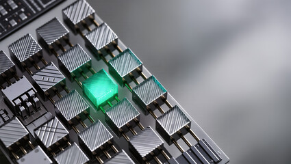 Superconducting qubit array featuring a teal glow highlights advanced quantum computing, depicting interconnectedness and subtle grain textures. Superconducting qubit array reveals intricate details,