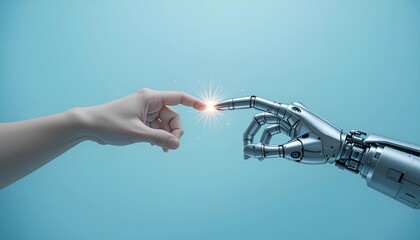 A human hand gently touches the finger of a futuristic silver robot hand with a glowing point of connection, representing themes of human-machine interaction, artificial intelligence, 