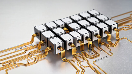 Superconducting qubits fine wiring with minimalist design showcasing advanced quantum computing. Fine wiring connects to qubits, illustrating complexity and precision.