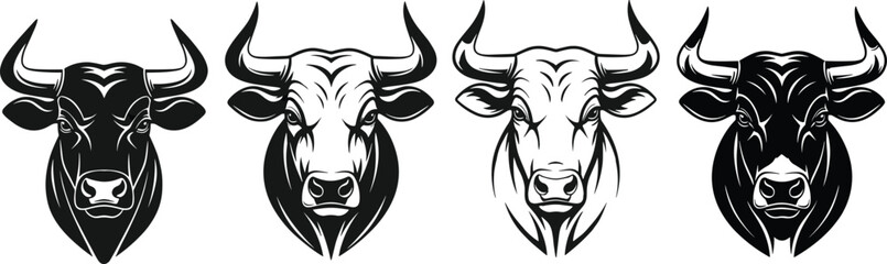 Bull head vector illustrations, fierce strong bull faces, black and white line art design, aggressive animal portraits, farm livestock icons, powerful wildlife graphics