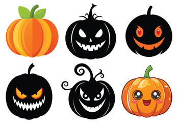set of eight carved halloween pumpkins with scary faces, isolated on white background vector illustration