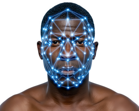 Facial recognition biometric technology security digital interface artificial intelligence futuristic African man glowing lines innovation identification. serious expression highlights advanced